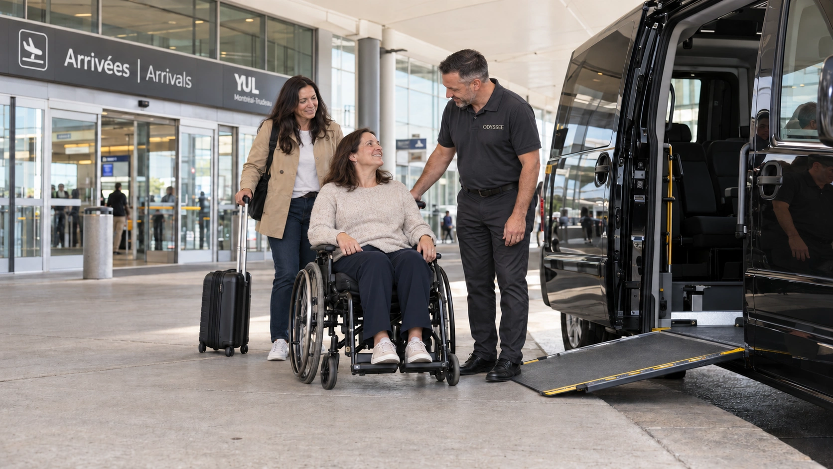 An adult wheelchair passenger, her companion and a transport attendant beside an accessible van ramp at the Montréal-Trudeau arrivals doors